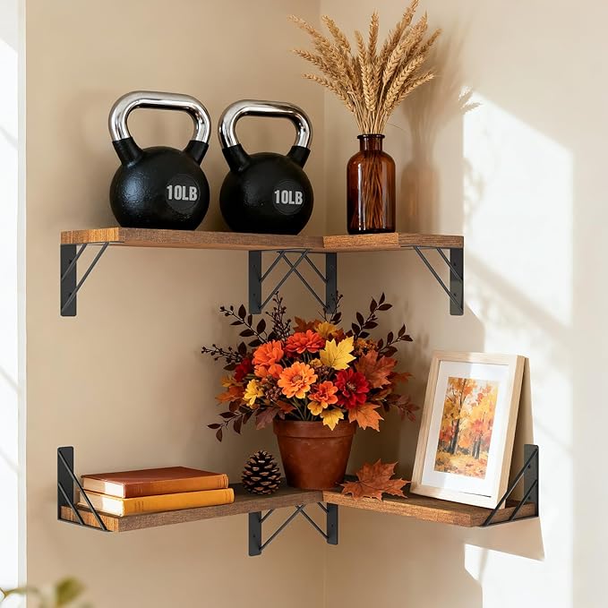 BAYKA Floating Shelves for Wall, Book Shelf for Bedroom, Decor Shelves for Living Room Kitchen, Mounted Wood Floating Shelf for Home Decor, Corner Shelf for Bathroom, Office(Dark Brown,Set of 4)