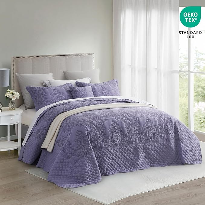 CHIXIN Bedspread Coverlet Quilt Set Full Size - Lightweight Bedding Cover - Beautiful Stitching - 5 Piece Reversible Bedspread - Luxury Damask Paisley Pattern (Full, Lavender)