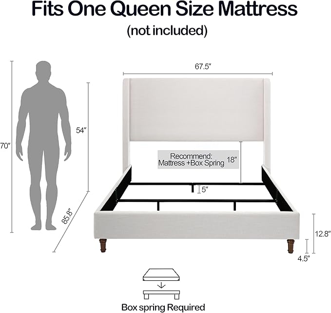 Queen Size Upholstered Platform Bed with 54" Tall Wingback Headboard/Elegant Upholstered Bed Frame Without Wooden Slats/Box Spring Required/Easy Assembly/Textured Ivory Canvas