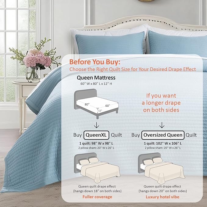KASENTEX Queen XL Quilt Set 98"x98" – Soft Washed 3-Layer Lightweight Bedspread, Minimalist Nordic Design, All-Season Spring & Summer Quilt Set (1 Quilt + 2 Pillow Shams), Blue