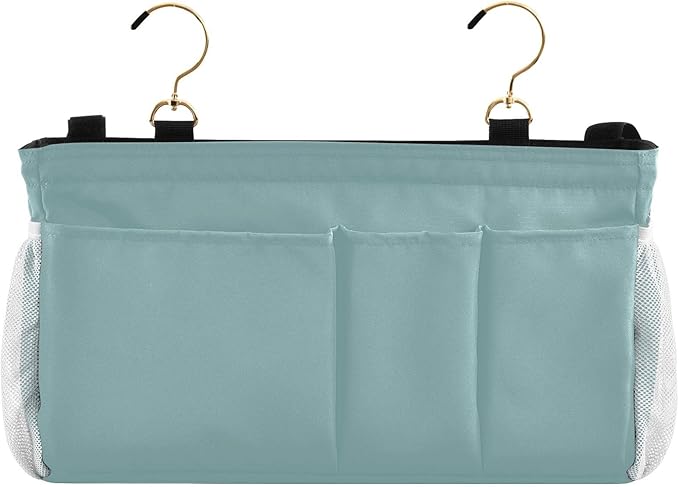 KOPIRIT Teal Bedside Caddy Storage Bag Bedside Organizer for Bunk Bed Headboards College Bedside Shelf Hanging Organizer 6 Pockets with Hooks for Glasses Book Tablet Holder