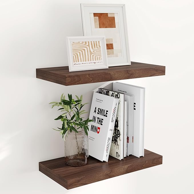 Floating Shelves 16 Inch Long, Wall-Mounted Bathroom Shelves Set of 2, 9.3 Inch Deep Shelf for Home Storage & Display, Wooden Deep Wall Shelves for Bedroom, Living Room, Kitchen, Walnut Color