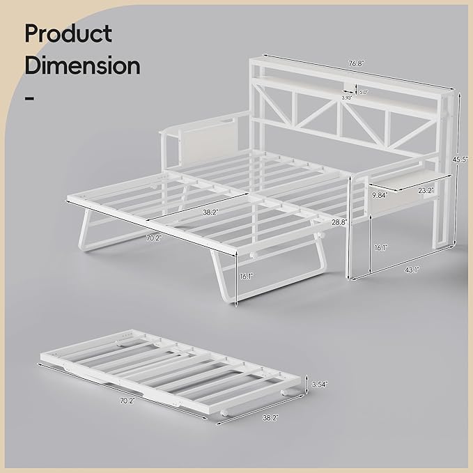 Daybed with Trundle, Heavy Duty Metal Twin Bed Frame with LED Lights & 2-Tier Storage Shelves, Sofa Day Bed with Charging Station & Tabletop for Living Room, Bedroom, Guest Room (White)