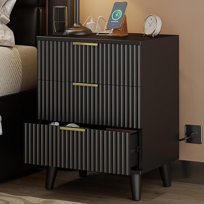 Lulive Wood 3 Drawers Dresser Fluted Night Stand with Charging Station, Natural Nightstand 3 Storage Drawers Dresser Modern Side Table, Bedside Table for Bedroom