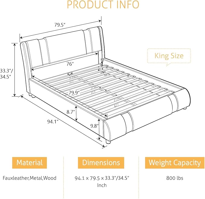SHA CERLIN Modern Faux Leather King Bed Frame with Adjustable Headboard and Iron Accents, Deluxe Upholstered Platform Bed with Solid Wooden Slats Support - White + Black