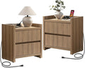 SICOTAS Night Stands Set of 2-Fluted Nightstands with Charging Station- Modern 2 Drawers Nightstand 25" Tall Bedside Table End Table, Large Night Stand for Bedroom, Sofa Side