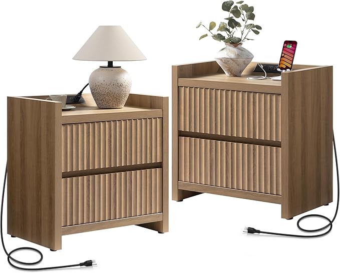 SICOTAS Night Stands Set of 2-Fluted Nightstands with Charging Station- Modern 2 Drawers Nightstand 25" Tall Bedside Table End Table, Large Night Stand for Bedroom, Sofa Side