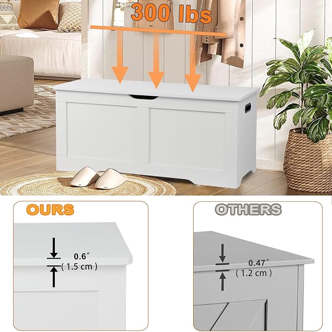 Timberer 39.4" Storage Chest, Wooden Storage Bench, Lift Top Toy Chest with 2 Safety Hinges, Large Toy Box, Entryway Bench for Living Room, Bedroom, White
