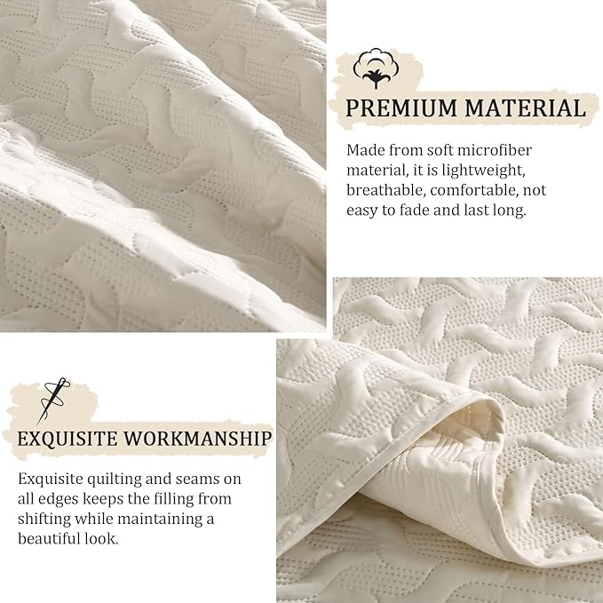 Yiran Beige Quilt Set King Size Lightweight Bedspread Ultrasonic Wave Pattern Soft Microfiber Coverlet for All Season Modern Style 3 Piece Bed Cover Sets with 2 Pillow Shams (106"x96")