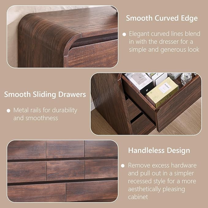 Modern 8 Drawers Dresser for Bedroom, 55" Wide Dressers & Chest of Drawers w/Curved Profile Design, Wood Mid Century Storage Dressers Organizer for Bedroom, Living Room, Brown