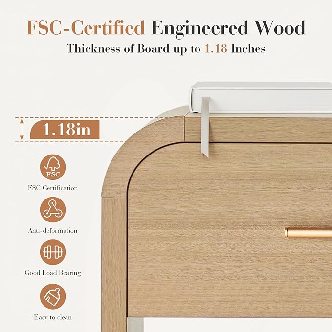 Night Stand [Unique Curved Profile] [FSC-Certified Wooden Board] 1-Drawer and 1 Storage Shelf Nightstand 24" H Metal Handle Modern Bedside Table Side Table End Table