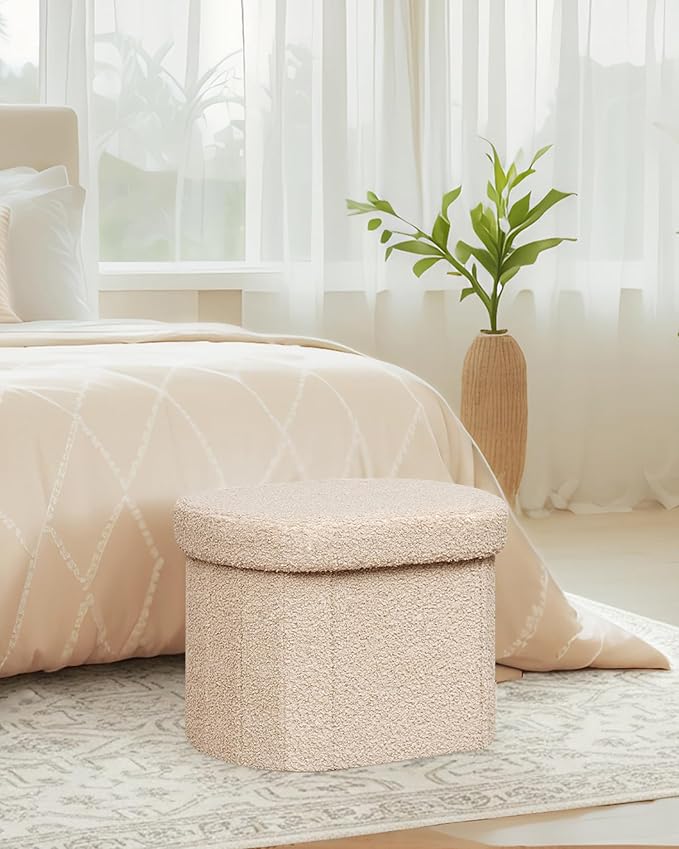B FSOBEIIALEO Storage Ottoman for Dorm Room, Boucle Folding Storage Ottoman Foot Rest, 16.14 Inches Small Collapsible Ottoman Cube for Living Room Beige