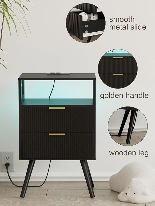 Nightstand with Charging Station and LED Lights, Modern Bedside Table with 2 Storage Drawer and Open Wood Shelf for Bedroom and Small Spaces, Night Stand with Solid Wood Legs