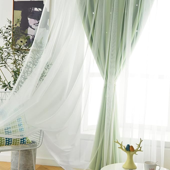Stars Double Layer Blackout Curtains for Bedroom Kids, 72 Inches Long 2 Panels Set, Green