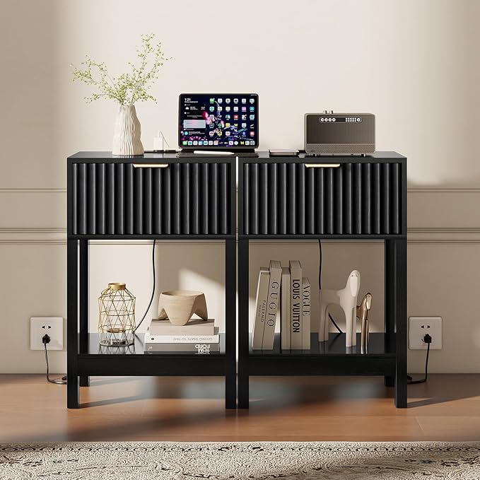 Night Stand Set 2, Fluted Nightstand with Charging Station, Wood Bedside Table with Drawer & Storage Shelf, Modern End Tables for Bedroom Sofa Couch Office, Black