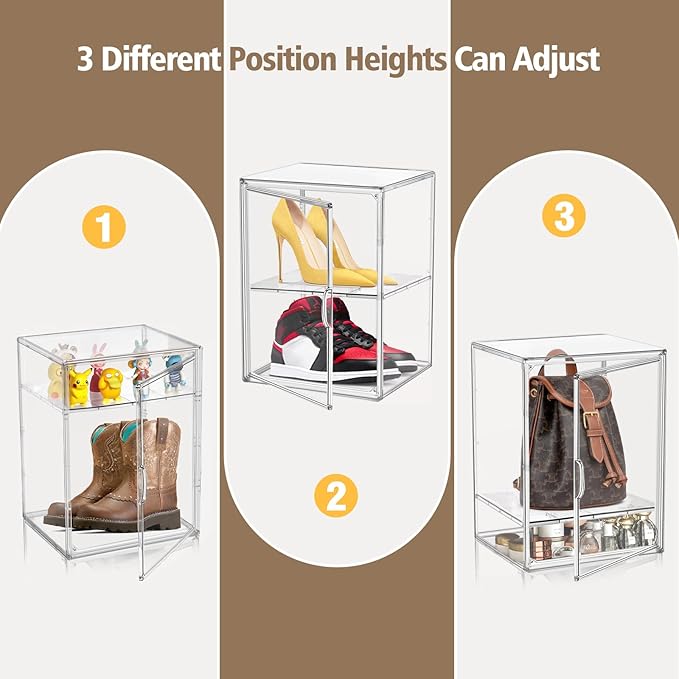 2 Pcs Shoe Display Case, XX-Large Tall Boot Storage Box Transparent Handbag Organizer for Closet Acrylic Shoe Box Clear Plastic Stackable Sneaker Collectibles Case with Detachable Divider