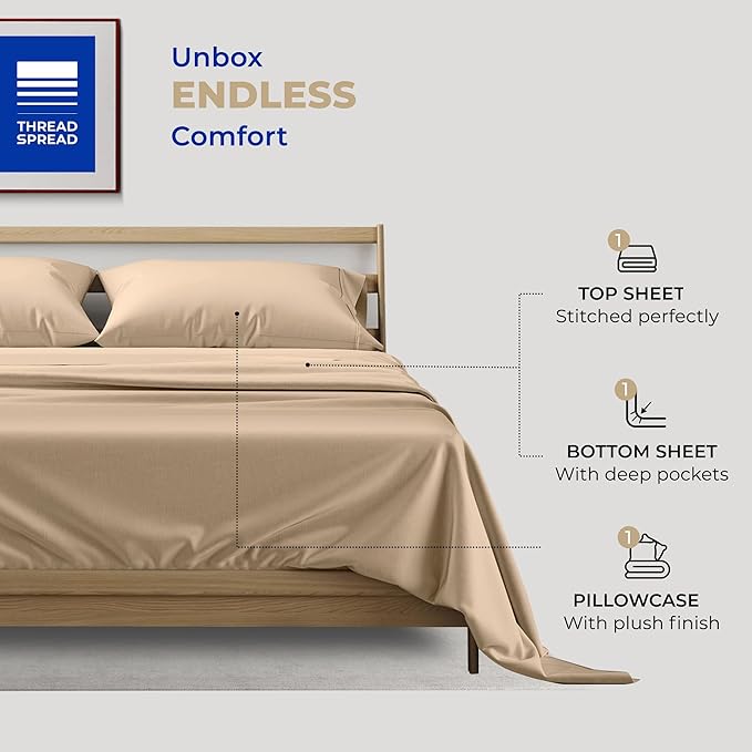 THREAD SPREAD Twin XL Sheets Set - 400 Thread Count 100% Cotton, Cooling & Luxury Sateen Sheets, 3 PC Set, 16" Deep Pocket, Extra Soft (Taupe)