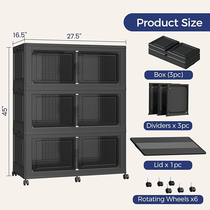 120GAL Storage Bins with Lid and Wheels, Stackable Closet Organizers and Storage Drawer, Collapsible Storage Box with Dividers, Foldable Plastic Cabinets for Room, Kitchen, 3 Pack Black