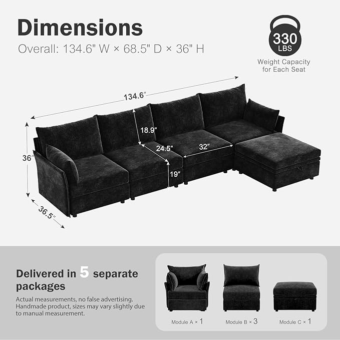 ABCASA 134.6" Luxury Modular Sectional Convertible Sofa with Storage Ottoman, L-Shape 5-Seat Oversized Comfy Couch Deep Seat with Reversible Chaise - Chenille Black