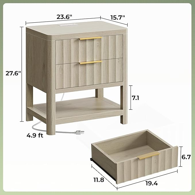 Huuger 27.6 Inch Tall Night Stand with Charger Station, USB-C Port, Fluted Nightstand with 2 Deep Drawers, Larger Wider Bed Side Table with Open Shelf, Bedroom Living Room End Table, Grey
