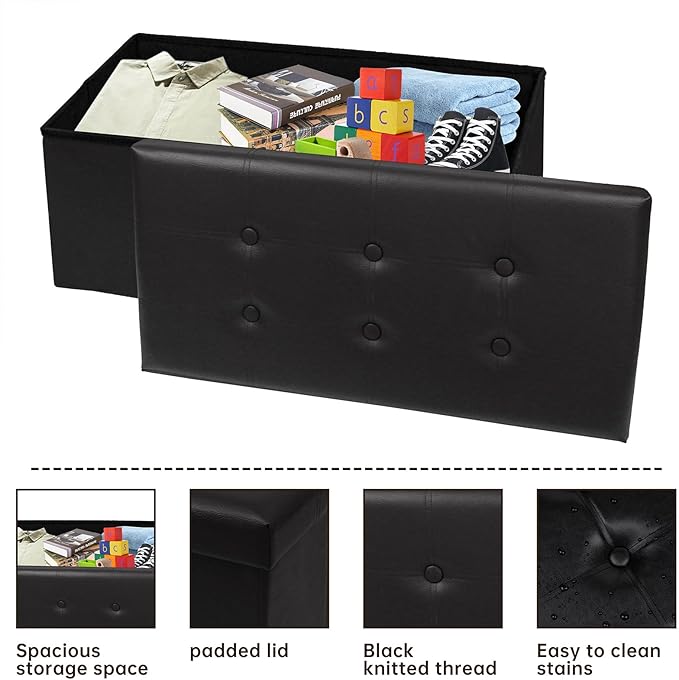 xupersodys 30 Inches Folding Storage Ottoman Bench, Faux Leather Footstool Ottoman, Storage Trunk Footrest for Bedroom, Living Room and Hallway, Support 350lbs, Black（Black line）