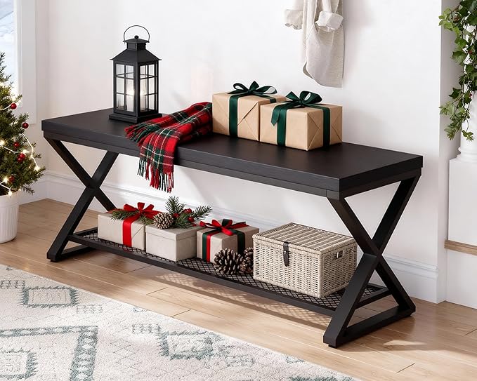 LVB Black Entryway Bench with Storage, Indoor Shoe Bench with Seating for Hallway, Accent Storage Bench for Living Room Bedroom, Simple Small Shoe Rack Benchs for Foyer Entrance, Black Oak, 39 inch