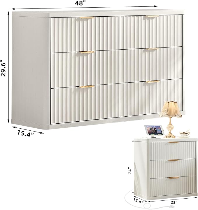 LEYAOYAO Fluted Dresser and Nightstand Sets, Wood 48" Wide Dresser & 23" Night Stand with Charging Station, 2 Piece Bedroom Furniture Set, Chest of Drawers for Bedroom,Living Room, Antique White