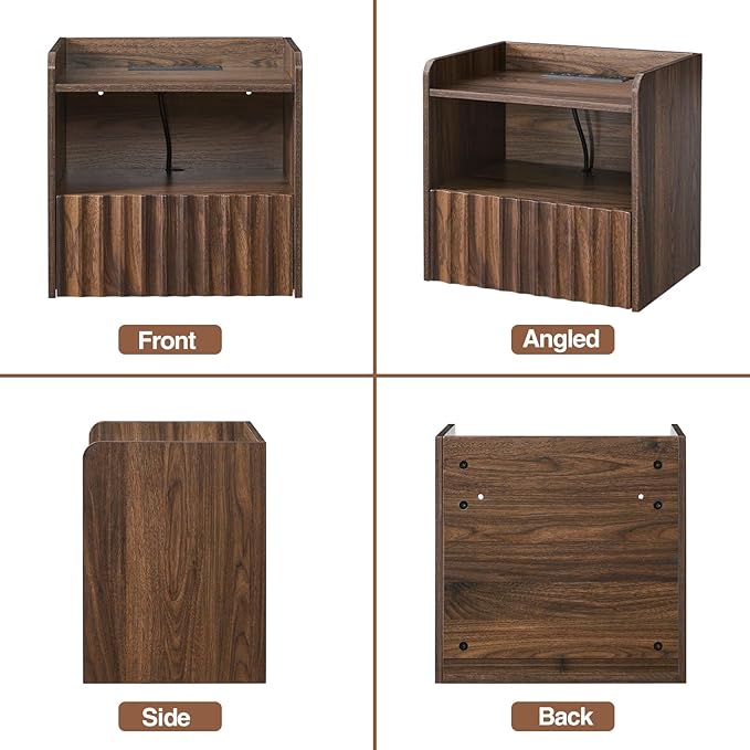 Modern Fluted Floating Nightstand Wall Mounted Set of 2- Bedside Table with Storage Drawer & Display Shelf, Minimalist Bedroom Furniture for Studio Apartments (Walnut)