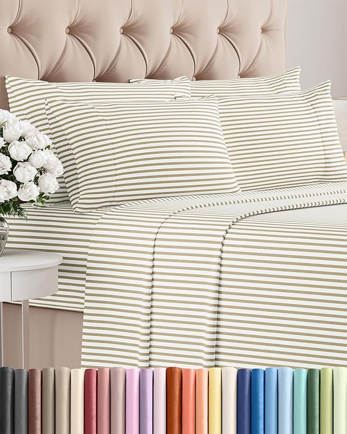 Full 6 Piece Sheet Set - Cooling, Comfy & Breathable - Hotel Luxury Bedding, Includes Fitted Sheet for Women, Men, Kids & Teens - 1 Flat, 1 Fitted Sheet, 4 Pillowcases w/Deep Pockets - Beige Stripes