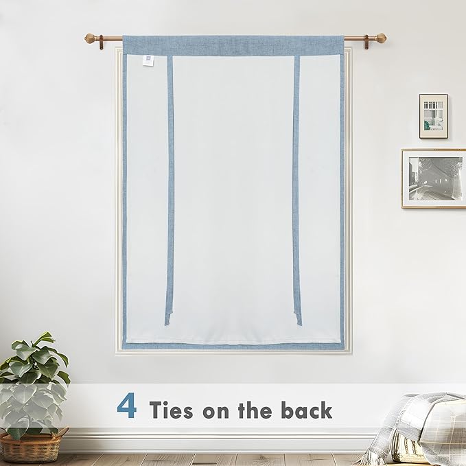 DriftAway Double Layer Linen Blackout Tie Up Curtains Thermal Insulated Fully Lined Balloon Roman Shade Bathroom Window Adjustable Rod Pocket for Small Window 25 Inch by 47 Inch Dusty Blue