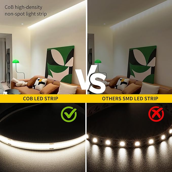 COB LED Strip Lights Cool White,24V Dimmable led Light Strip KIT with Remote and app Control,6000K 32.8FT/2 * 5m 8mm Wide Ra>90 Cuttable Flexible Strip Lights forBedroom,Wardrobe,Cabinet