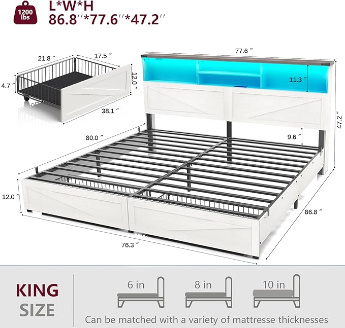 King Size Bed Frame with Bookcase Storage and Drawers, Farmhouse Bed with High Headboard, Charging Station and LED Lights, No Box Spring Needed, Noise Free, Easy Assembly, Antique White
