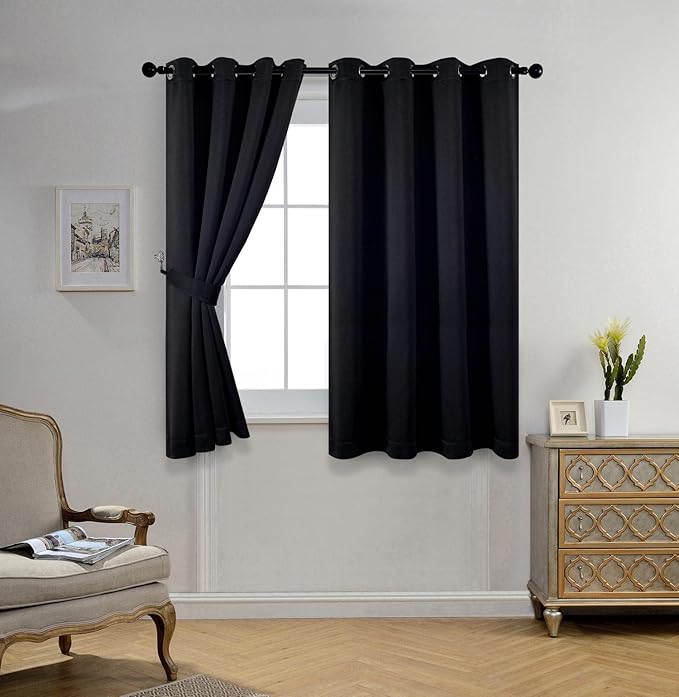 MIUCO Room Darkening Grommet Thermal Insulated Blackout Window Curtains Panels for Gilrs Room Window 1 Pair 52x63 Inch Black, Bonus 2 Tie Backs Included