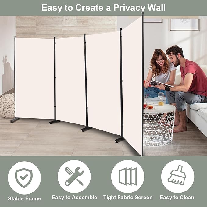 Room Divider Folding Privacy Screens with Wheels, 6FT Tall Divider for Room Separation, Movable Room Partitons and Dividers, Indoor Room Dividers Panel with Fabric (Beige, 4 Panel-136‘’-Round Pad)