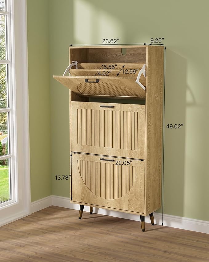 Farmhouse Shoe Cabinet with 3 Flip Drawers, Large Narrow Shoe Storage Organizer for Entryway, Rustic Oak Shoe Rack with Metal Legs, Black Handles, Slim Freestanding Flip Drawer Shoe Storage Cabinet