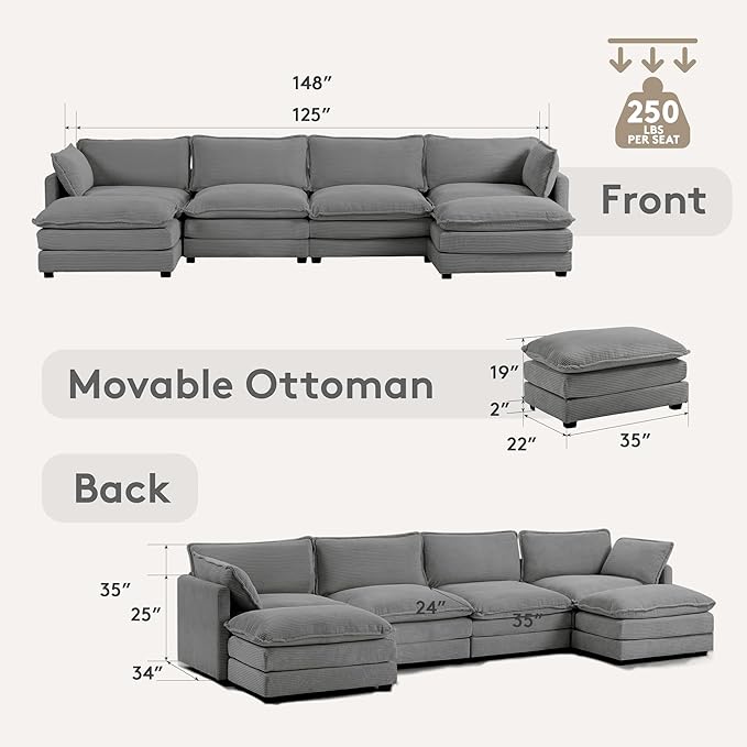 ROWHY 148'' Sectional Cloud Couch with 2 Ottomans, Oversized 4 Seat Sleeper Sofa with 2 Throw Pillows, Convertible Upholstered U Shaped Cozy Sofa Furniture Set for Living Room and Office, Dark Grey