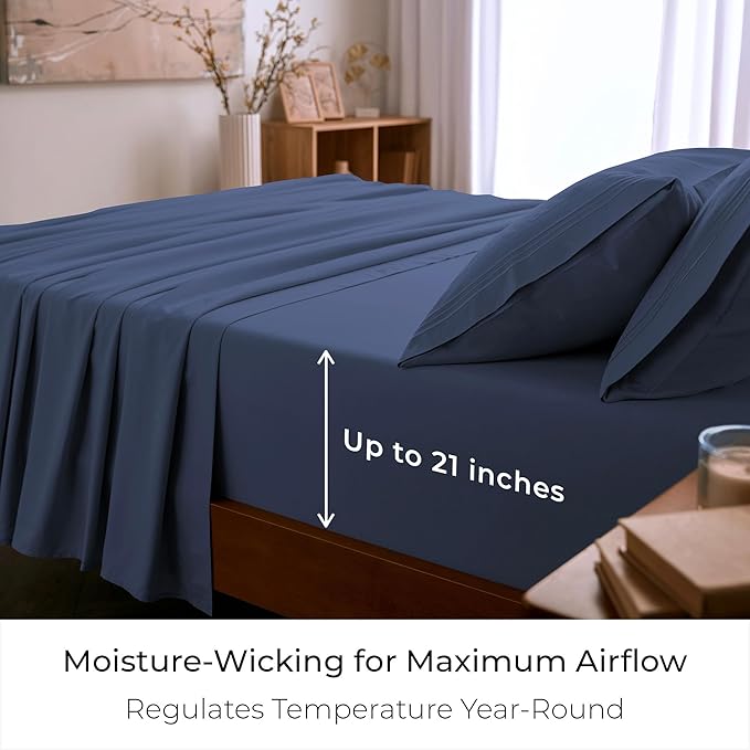 Mellanni California King Sheet Set - 6-Piece Iconic Collection Bedding, (Including 4 Pillowcases), 21-Inch Extra Deep Pocket, Easy Care, Ultra Soft, Cooling Sheets, Brushed Microfiber - Blue Nova