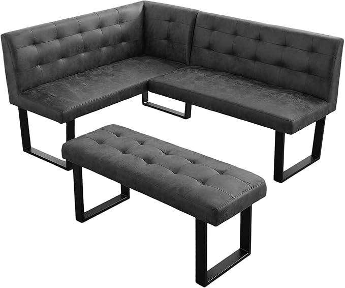 Modern L-Shaped Dining Bench, Vintage Fabric Upholstered Corner Sofa with Metal Legs for Kitchen Nook, Living Room, Dining Room (Right Seat)