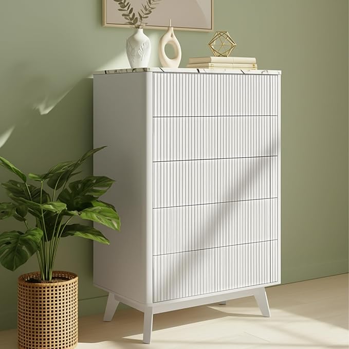 Fluted 5 Drawers Dresser for Bedroom, 47" Tall Handleless Chest of Drawers with Faux Marble Top, Curved Profile Design, Wood Drawer Organizerfor forLiving Room, Hallway, Entryway, White