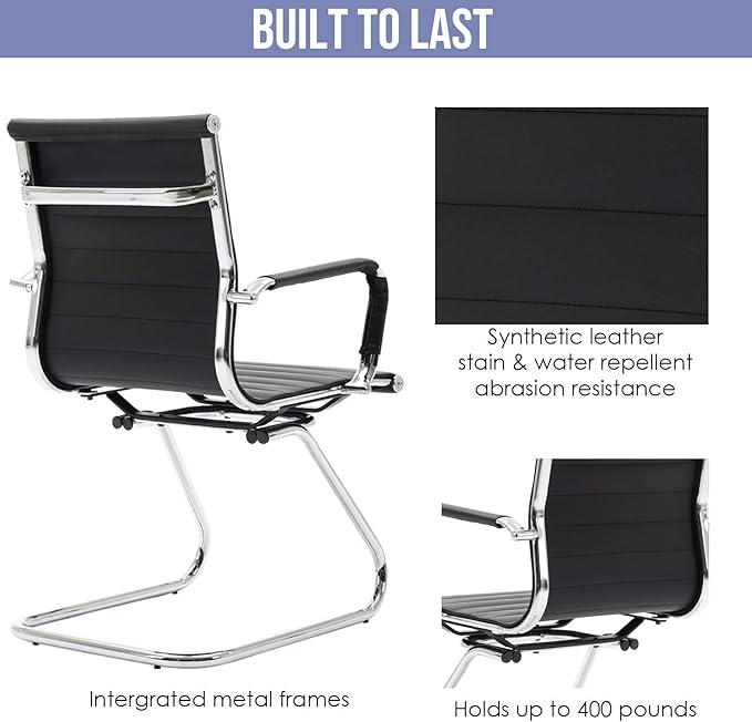 Wahson Office Guest Chairs, 4 Pack Reception Chairs for Waiting Room/Conference Room, with Faux Leather and Sled Base, Set of 4, Black