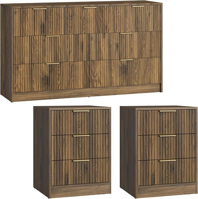 7 Drawer Dresser & Nightstand Set, 3-Piece Fluted Bedroom Dresser and Night Stand Set of 2 with Metal Handle, Modern Wood Chest of Drawers Storage Dressers Set for Bedroom, Walnut