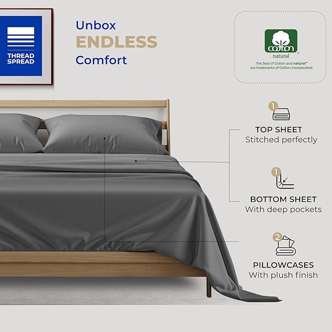 THREAD SPREAD 400 Thread Count King Cotton Sheets - 4 PC King Size Bed Sheet Set Cotton (Dark Grey), Soft, Cooling, Hotel-Quality 16" Deep Pocket Sateen Bedsheet for Hot Sleepers (Fits 18" Mattress)