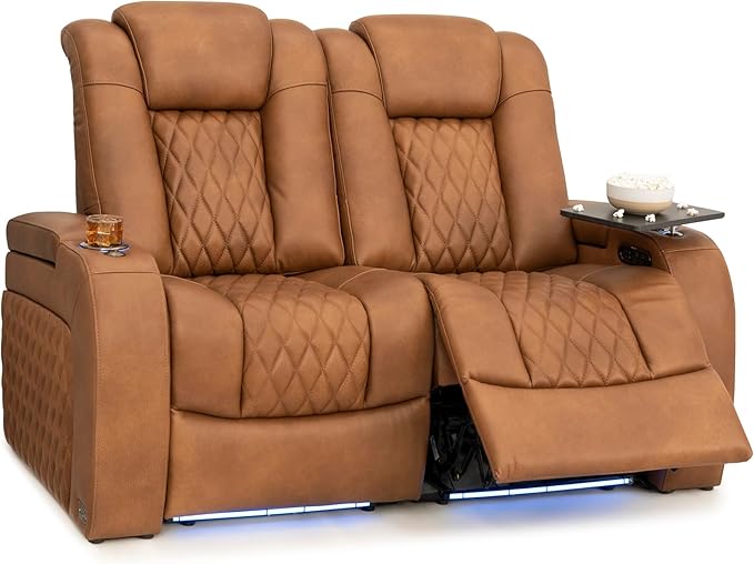 Seatcraft Diamante Zero-Gravity CoolZero Italian Leather Home Theater Seating, Power Headrest, Power Recline, Row of 2 Loveseat, Tawny