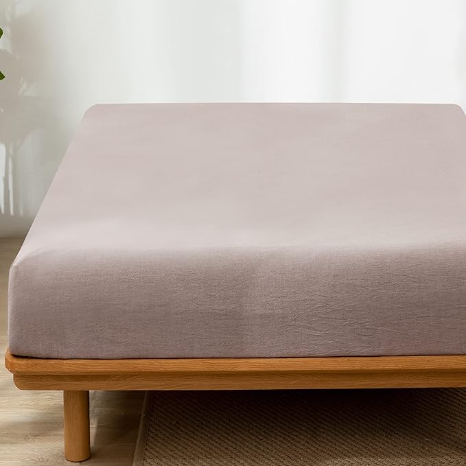 MooMee Fitted Bottom Sheet Only 100% Washed Cotton Linen Like Textured Breathable Durable Soft Comfy Deep Pocket Fits Mattress up to 17" (Mauve Brown, King)
