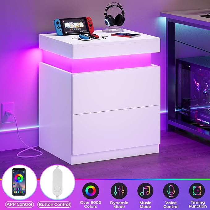 ADORNEVE White Nightstand Set of 2,Night Stand with Charging Station & LED Light & Sliding Top,Bedside Table with Drawers,Modern Bed Side Tables Bedroom