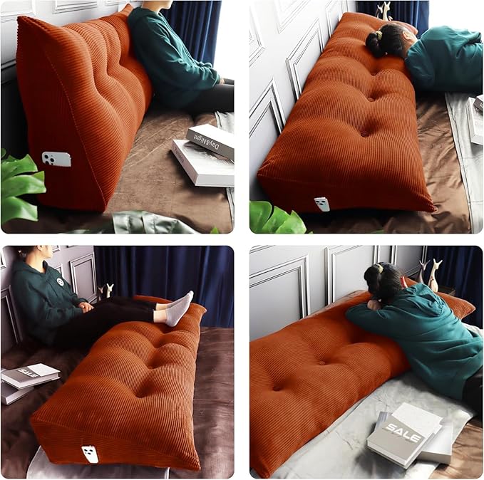 WOWMAX 100% Cotton Corduroy Headboard Pillow – California King Size Back Support Reading Wedge for Bed & Daybed, Plush Handmade Bolster Cushion with Removable Cover, Cozy Bed Rest Pillow, Rusty Orange