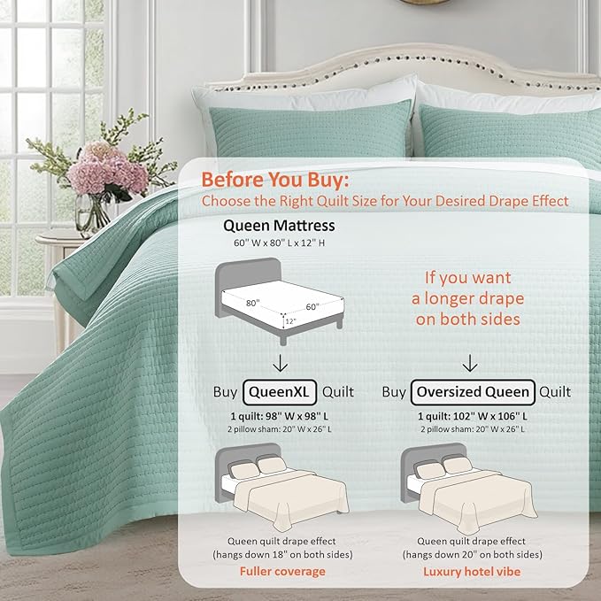 KASENTEX Queen XL Quilt Set 98"x98" – Soft Washed 3-Layer Lightweight Bedspread, Minimalist Nordic Design, All-Season Spring & Summer Quilt Set (1 Quilt + 2 Pillow Shams), Green