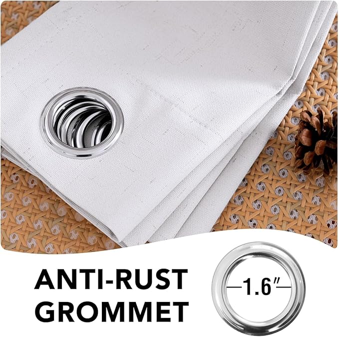 H.VERSAILTEX Linen Curtains 100% Blackout Curtains for Bedroom 90 inch Long Full Light Blocking Nature Linen Blended Window Curtains for Living Room Nickel Grommet (2 Panels, Bright White)