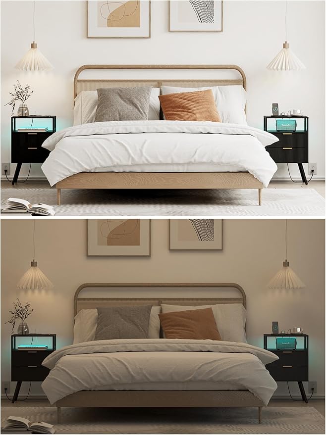 Nightstand with Charging Station and LED Lights, Modern Bedside Table with 2 Storage Drawer and Open Wood Shelf for Bedroom and Small Spaces, Night Stand with Solid Wood Legs