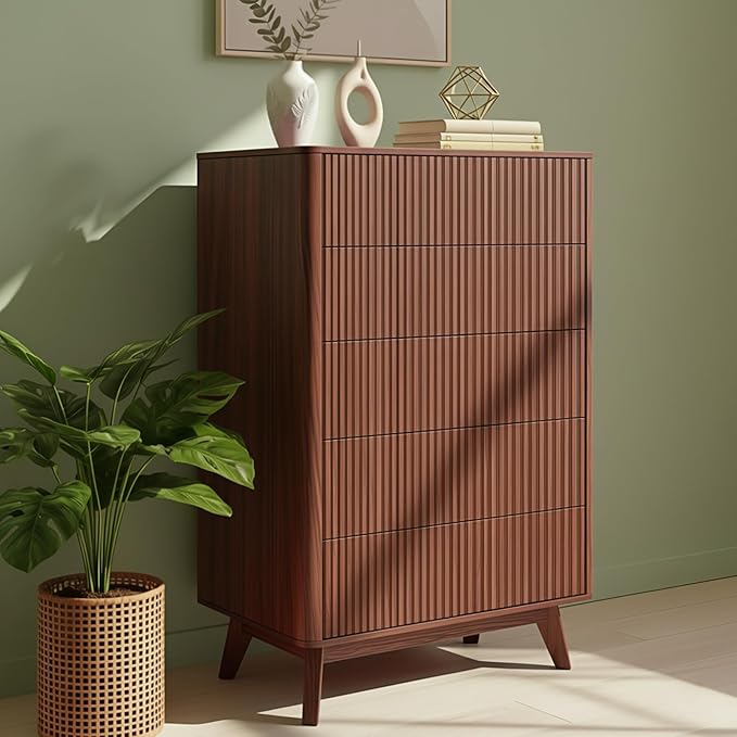 Fluted 5 Drawers Dresser for Bedroom, 47" Tall Handleless Chest of Drawers with Faux Marble Top, Curved Profile Design, Wood Drawer Organizerfor forLiving Room, Hallway, Entryway, Walnut